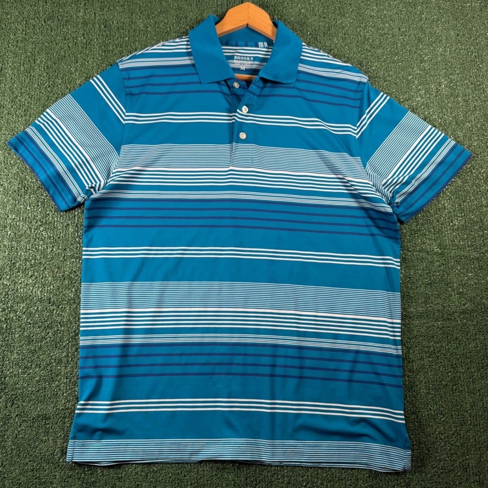 Brooks Brothers Polo Shirt Mens Medium‎ Blue Striped Performance Stretch